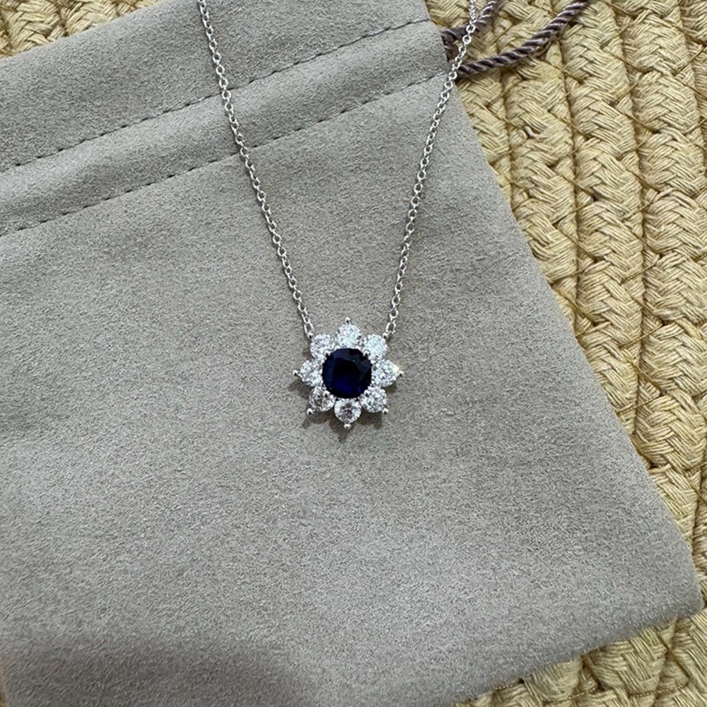 Harry Winston Silver Flower Necklace With Dark Blue Gemstones